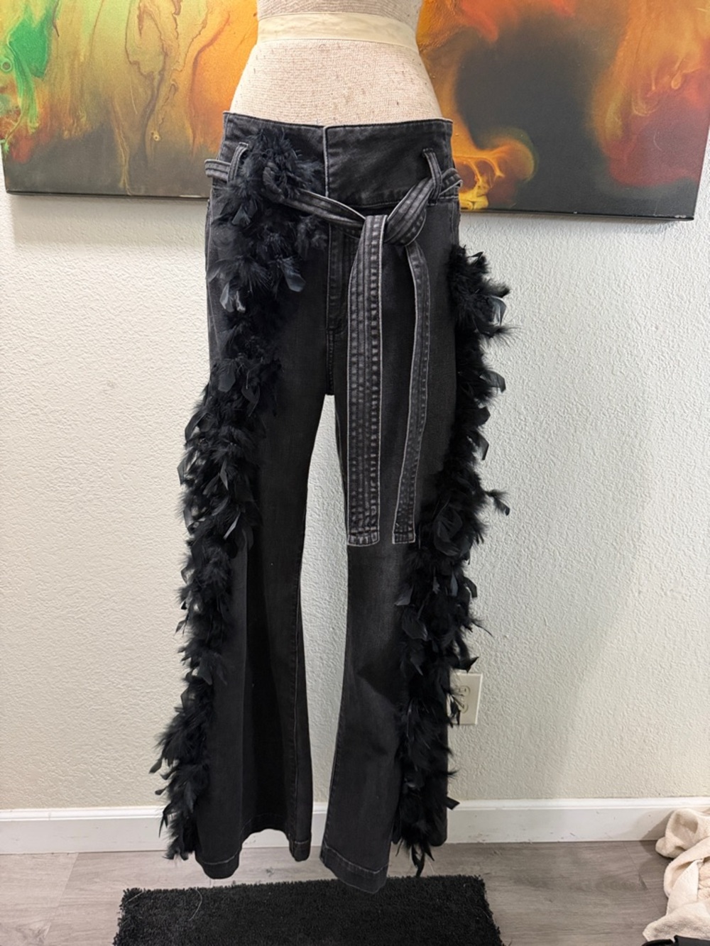 Black Feather-Trim Wide Leg Jeans